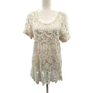 bobi Cream Crochet Lace Overlay Tunic Top Short Sleeve Women's Size M